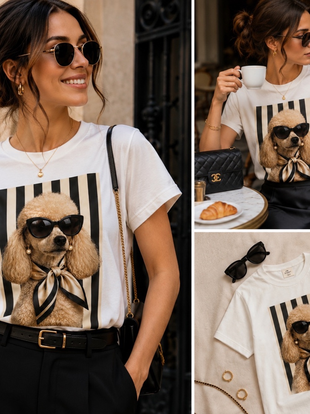 Stylish White Dog Graphic Tee with Sunglass Poodle